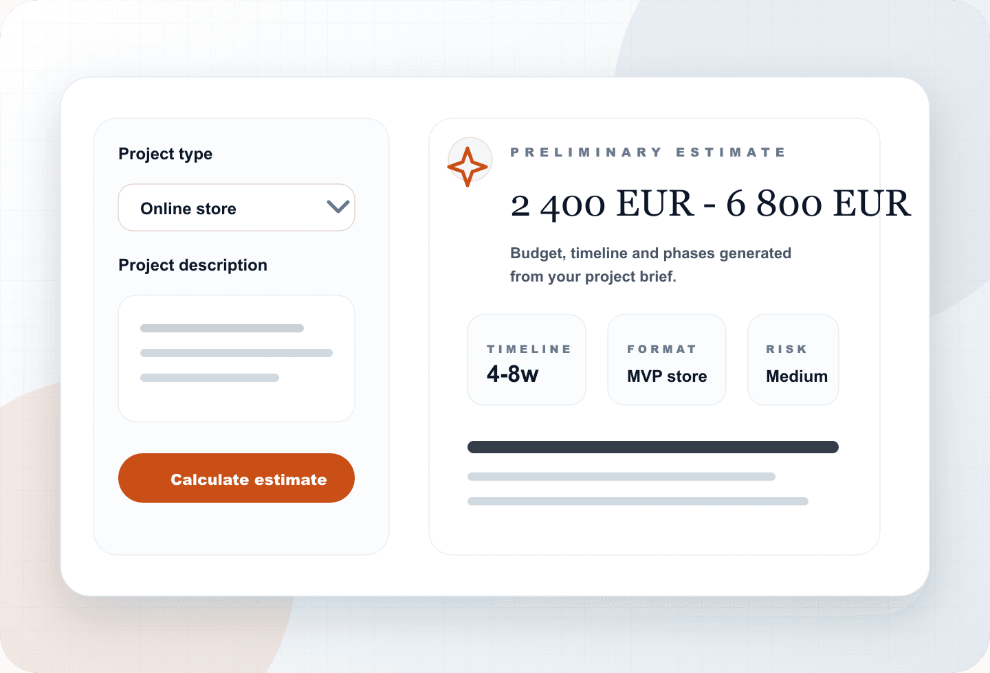 Preview of an online website development cost calculator with project form and AI estimate result